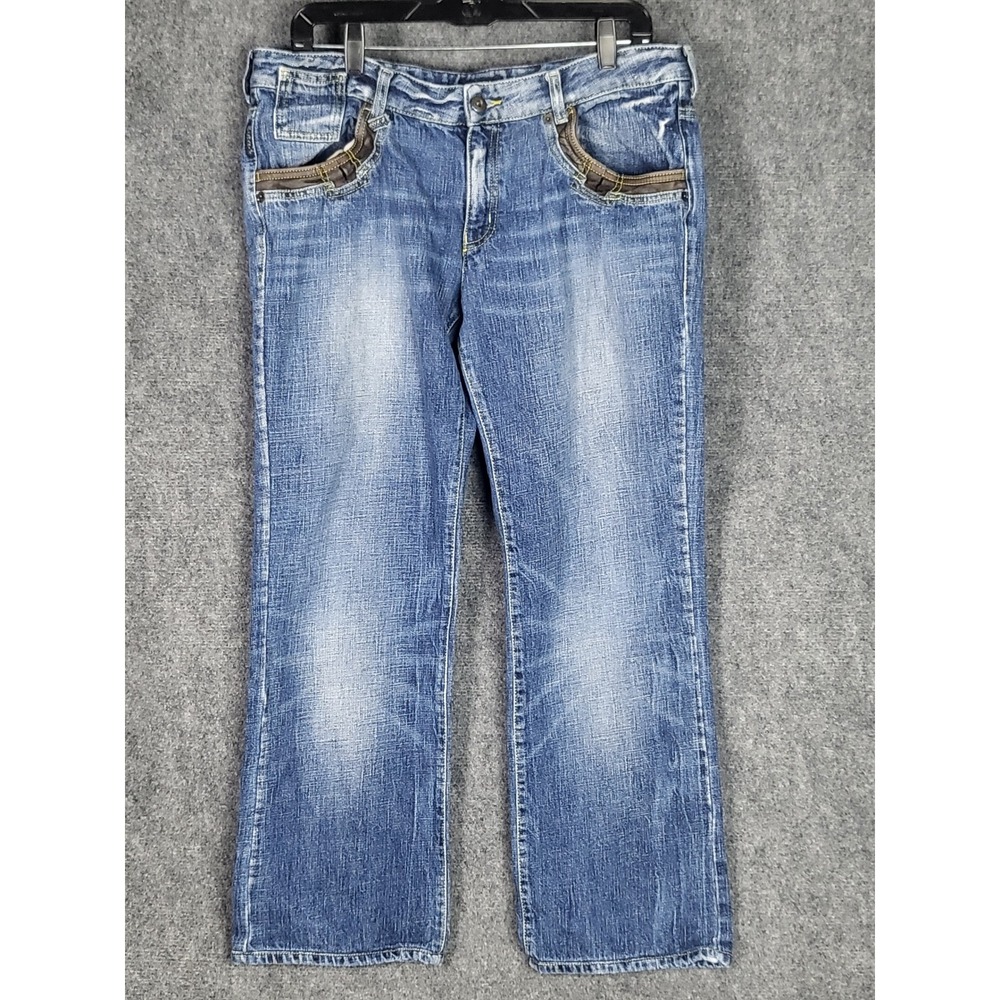 AJ Armani Jeans Men's Blue Denim Pants Size 33‎ Distressed Leather Trim Designer